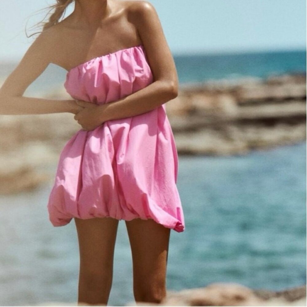 Zara Pink Bubble Hem Strapless Mini Dress Cotton Balloon Tube Top Style S